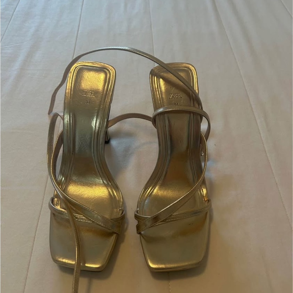 Zara Gold Strappy Heels with Modern Design